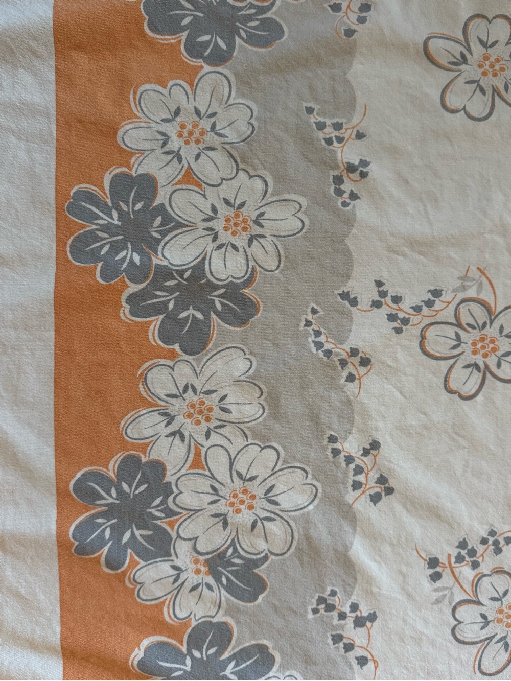 Vintage 1950 - 60’s Floral Tablecloth in Orange, Gray & White